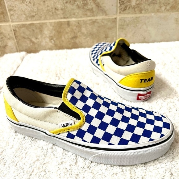 VANS Customs Team Simplr Classic Slip On Blue yellow Checkerboard Rare women’s 7 - Picture 1 of 9